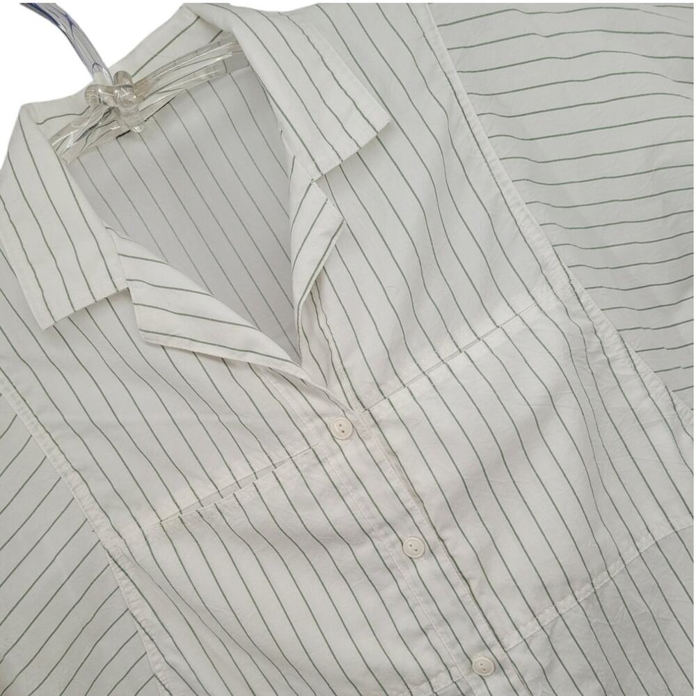 Vintage Striped Blouse‎ White Green Button Up Relaxed Plus Size Classic Preppy